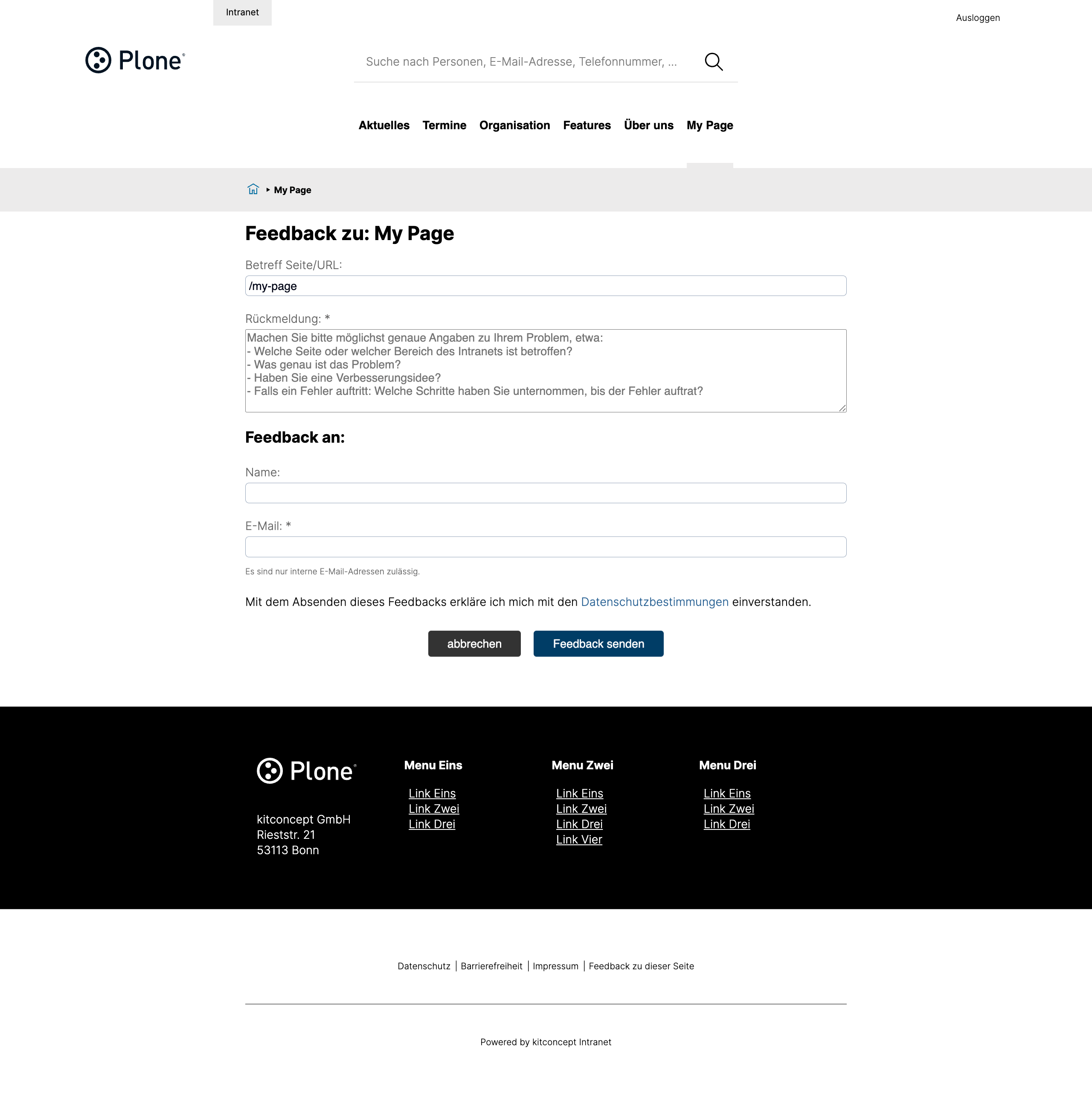 Example of feedback form